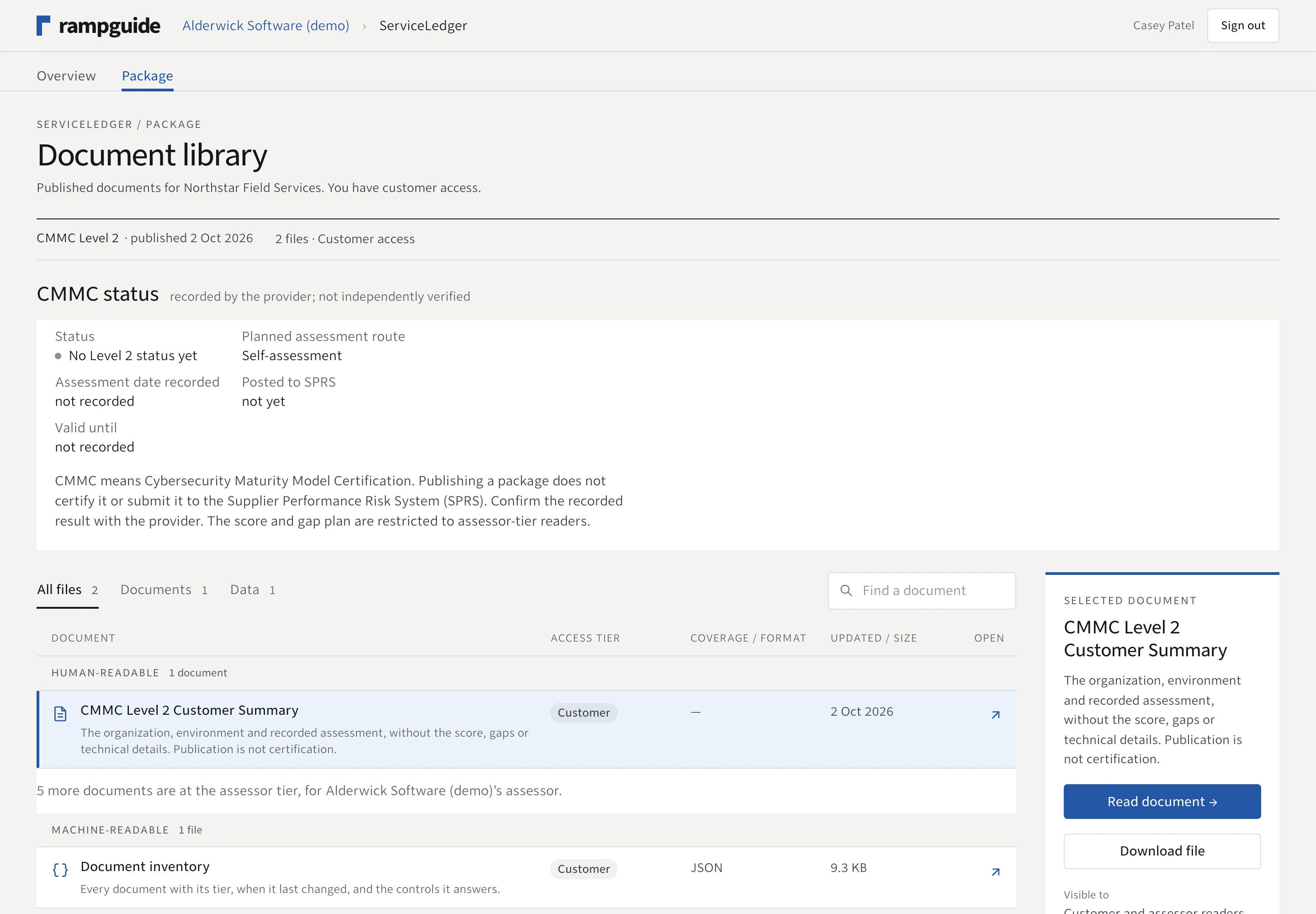 Customer document library with the published summary, recorded-status fields and access limits