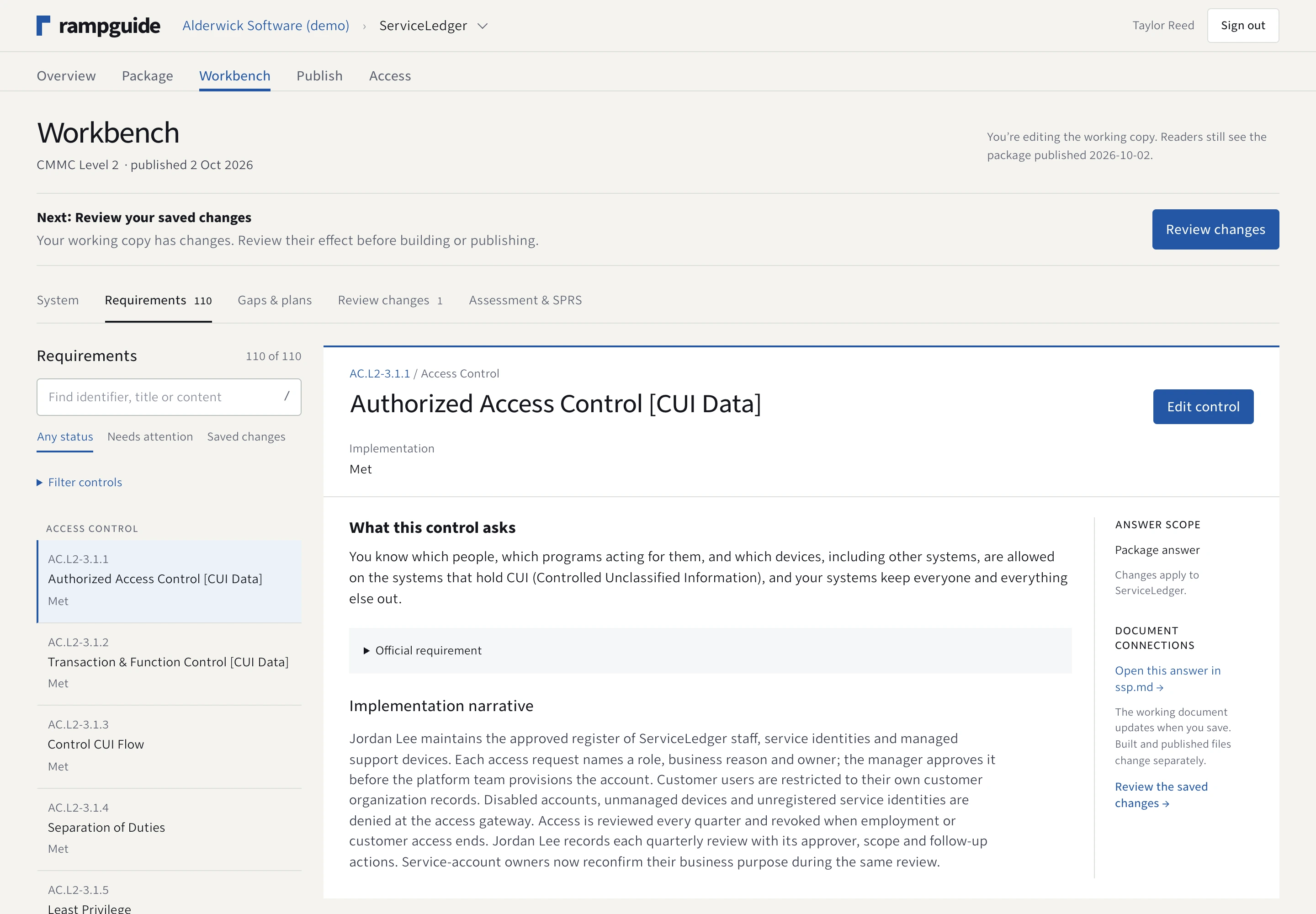 RampGuide workbench with the requirement queue, implementation answer and document connections